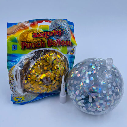 punch baloon selvbetheningsbold oppustelis airy stickey fidget bold med glimmer 2 varianter guld og sølv samlet
