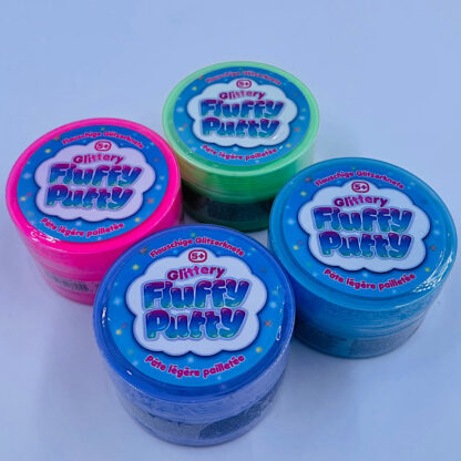 fluffy putty med glimmer lækker luftig slim 4 variant farver god kvalitets slime klar til brug nemt skruelåg samlet front