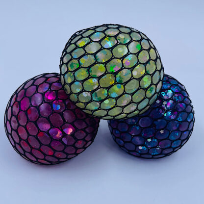 Stressbold med glimmer og sort net 10 cm Kæmpe Anti Stress Klemmebold Fødselsdag